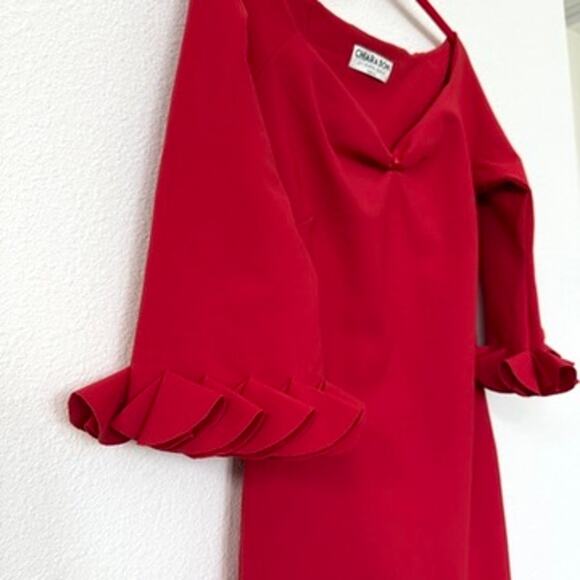 Chiara Boni Red Column Gown Ruffle Sleeve Sweetheart Neckline Formal Dress - Picture 5 of 6